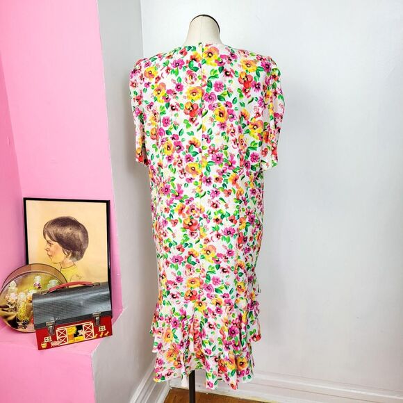Vintage 80s Bright Floral Print Drop Waist Dress - Picture 4 of 8